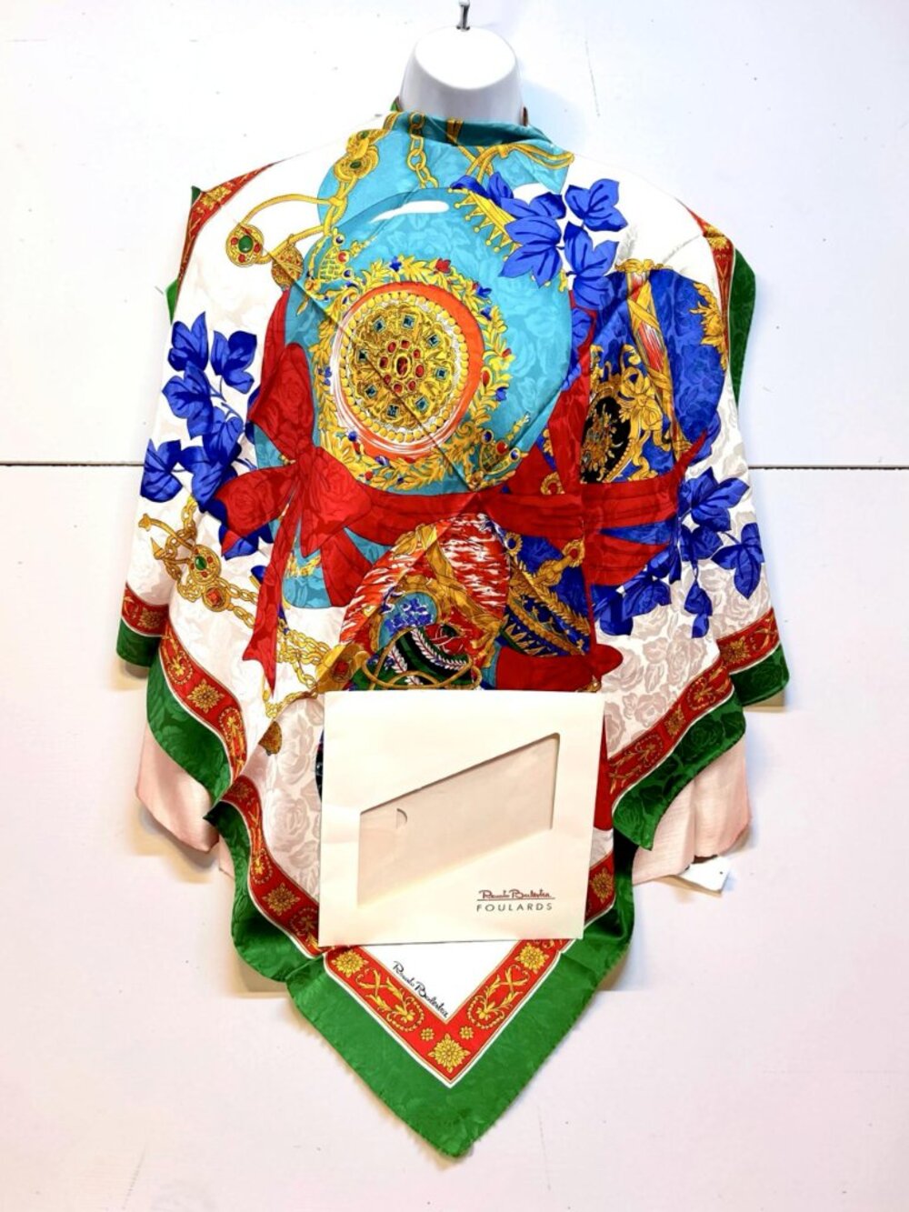 New W/Box Italy Made Renato Balestra 100% Silk Scarf 34" Green Ivery Red (66) - Picture 10 of 15